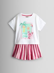 JoJo Maman Bébé Pink Fun Sun T-shirt & Stripe Skort Set - Image 1 of 7