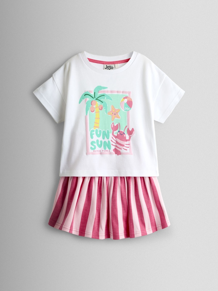 JoJo Maman Bébé Pink Fun Sun T-shirt & Stripe Skort Set - Image 1 of 7 JoJo Maman Bébé Pink Fun Sun T-shirt & Stripe Skort Set - Image 1 of 7