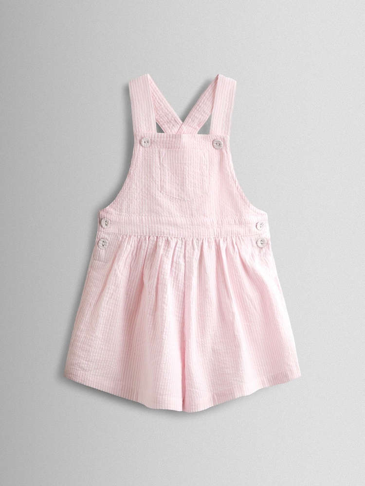 JoJo Maman Bébé Pink Stripe Seersucker Culotte Dungarees - Image 1 of 4