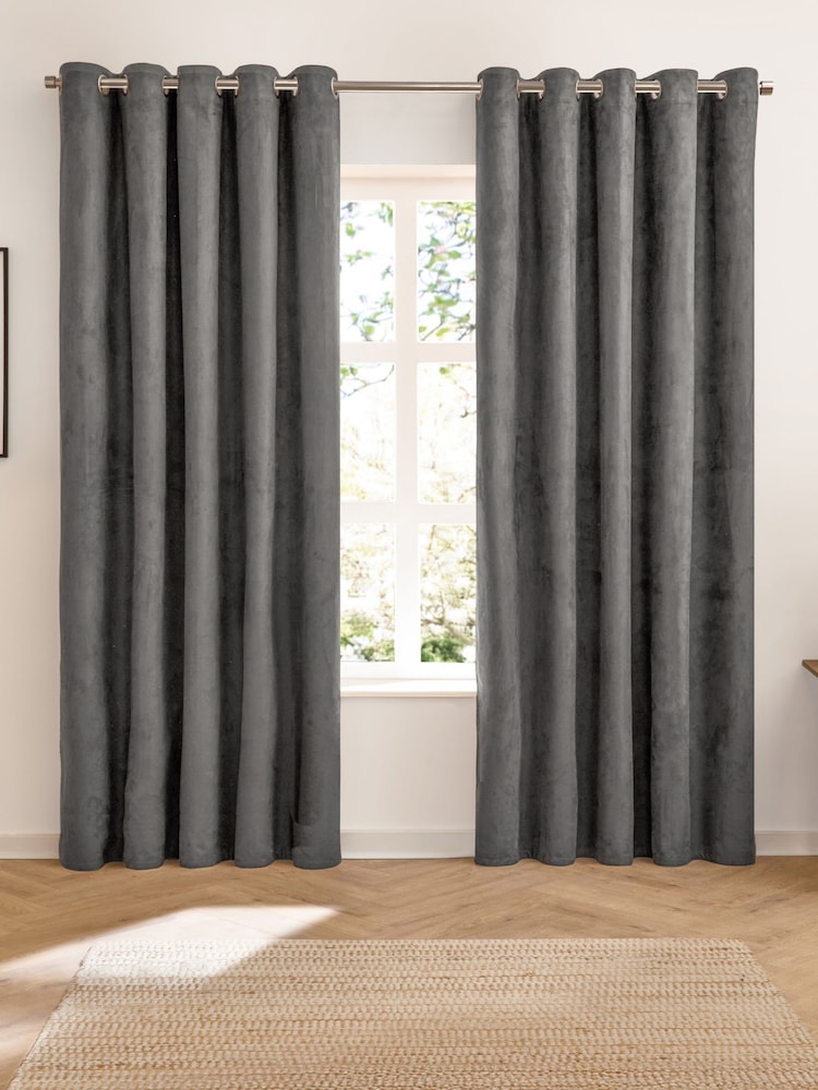 Furn Charcoal Verso Reversible 100% Blackout Eyelet Curtains - Image 1 of 6 Furn Charcoal Verso Reversible 100% Blackout Eyelet Curtains - Image 1 of 6