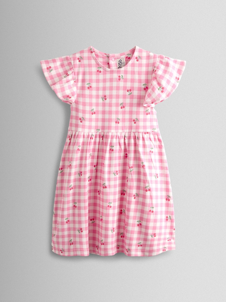 JoJo Maman Bébé Pink Gingham Cherry Printed Flutter Sleeve Dress - Image 1 of 4