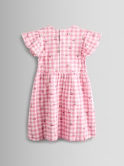 JoJo Maman Bébé Pink Gingham Cherry Printed Flutter Sleeve Dress - Image 2 of 4