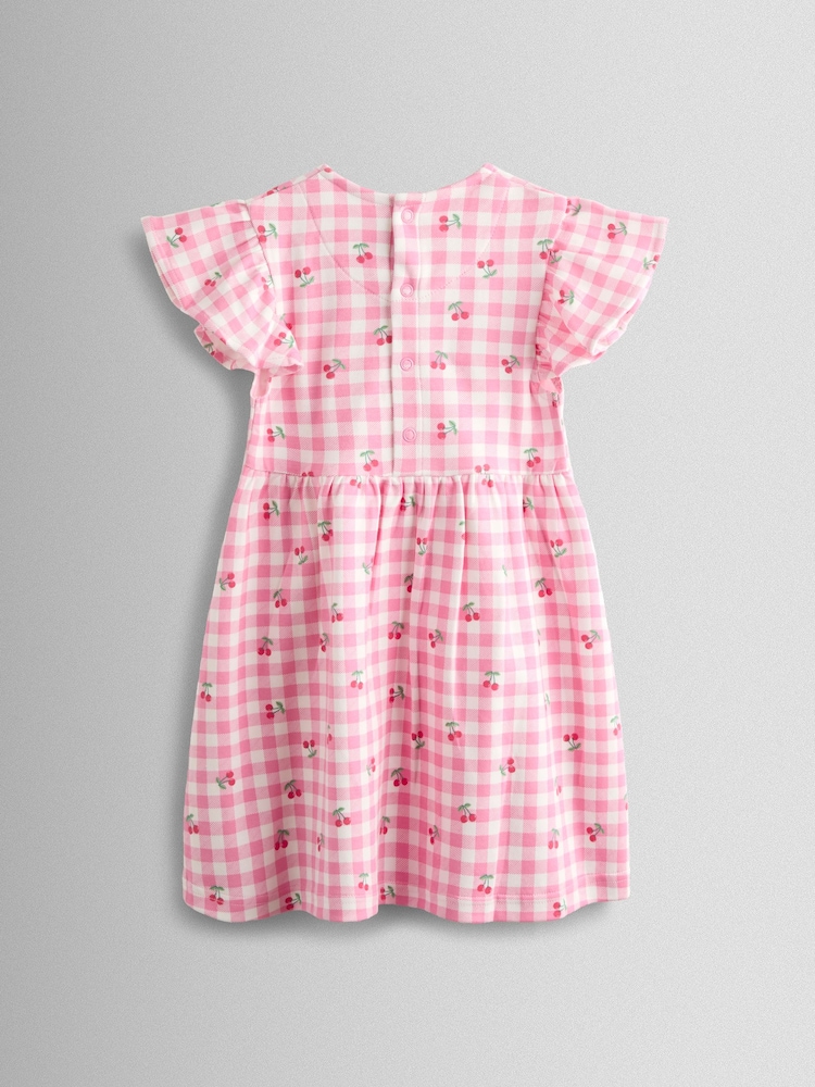 JoJo Maman Bébé Pink Gingham Cherry Printed Flutter Sleeve Dress - Image 2 of 4