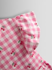 JoJo Maman Bébé Pink Gingham Cherry Printed Flutter Sleeve Dress - Image 3 of 4
