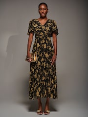 Jolie Moi Yellow Chiffon Ruflle Sleeve Pleated Maxi Dress - Image 1 of 7