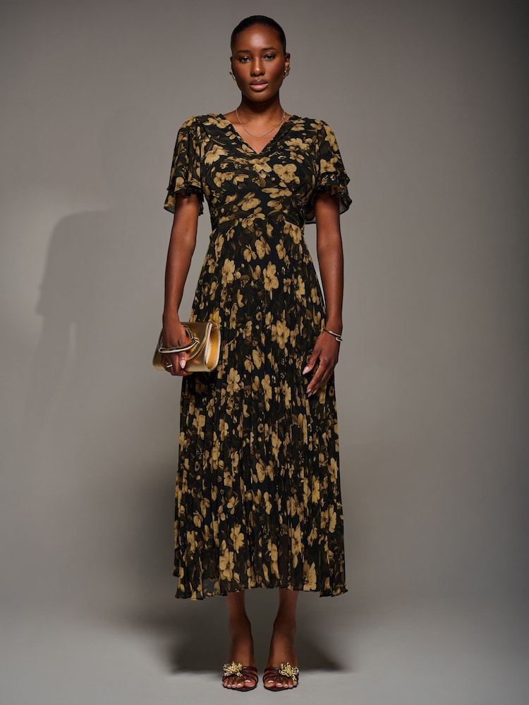 Jolie Moi Yellow Chiffon Ruflle Sleeve Pleated Maxi Dress - Image 1 of 7