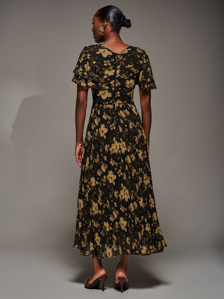Jolie Moi Yellow Chiffon Ruflle Sleeve Pleated Maxi Dress - Image 2 of 7