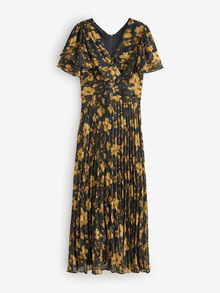 Jolie Moi Yellow Chiffon Ruflle Sleeve Pleated Maxi Dress - Image 7 of 7