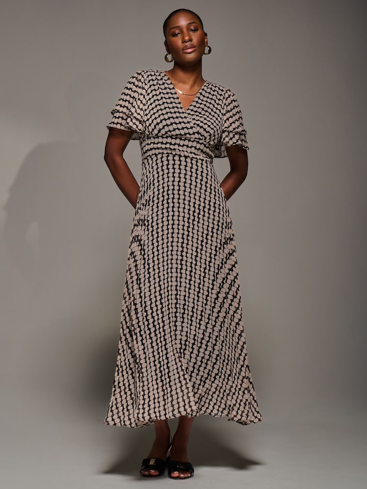 Jolie Moi Black Chiffon Ruflle Sleeve Pleated Maxi Dress - Image 1 of 7 Jolie Moi Black Chiffon Ruflle Sleeve Pleated Maxi Dress - Image 1 of 7