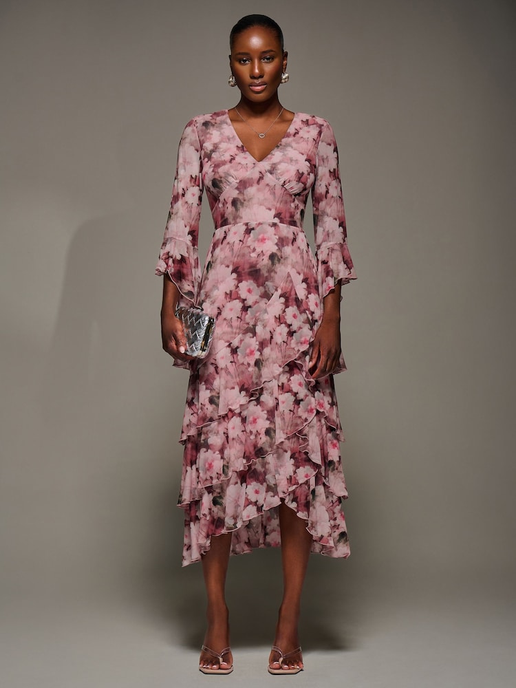 Jolie Moi Pink Mesh Ruffle Sleeve Tiered Midaxi Dress - Image 1 of 6 Jolie Moi Pink Mesh Ruffle Sleeve Tiered Midaxi Dress - Image 1 of 6