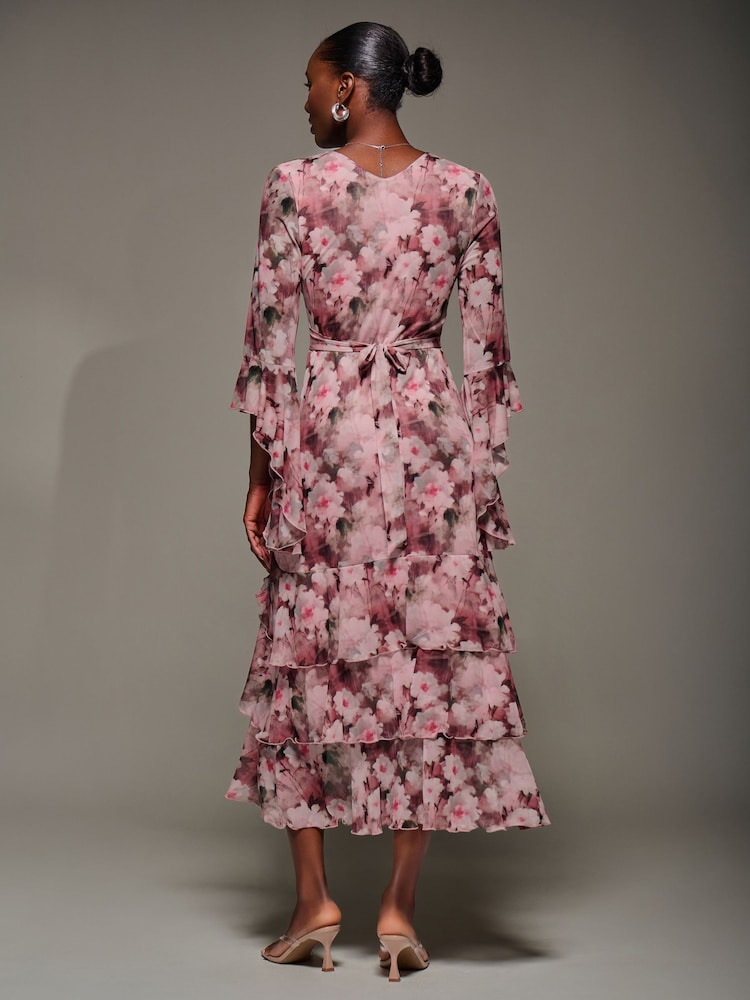 Jolie Moi Pink Mesh Ruffle Sleeve Tiered Midaxi Dress - Image 2 of 6 Jolie Moi Pink Mesh Ruffle Sleeve Tiered Midaxi Dress - Image 2 of 6