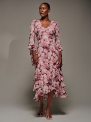 Jolie Moi Pink Mesh Ruffle Sleeve Tiered Midaxi Dress - Image 4 of 6