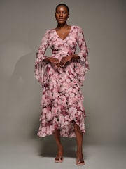 Jolie Moi Pink Mesh Ruffle Sleeve Tiered Midaxi Dress - Image 6 of 6