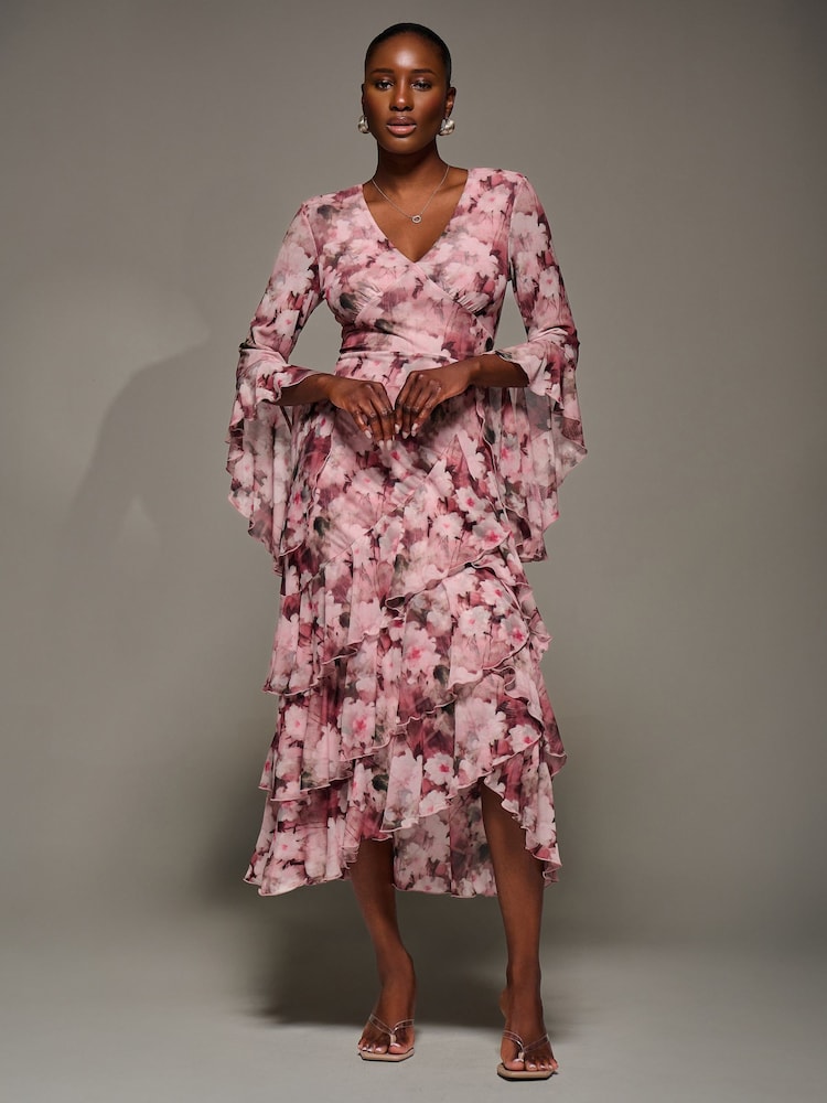 Jolie Moi Pink Mesh Ruffle Sleeve Tiered Midaxi Dress - Image 6 of 6 Jolie Moi Pink Mesh Ruffle Sleeve Tiered Midaxi Dress - Image 6 of 6