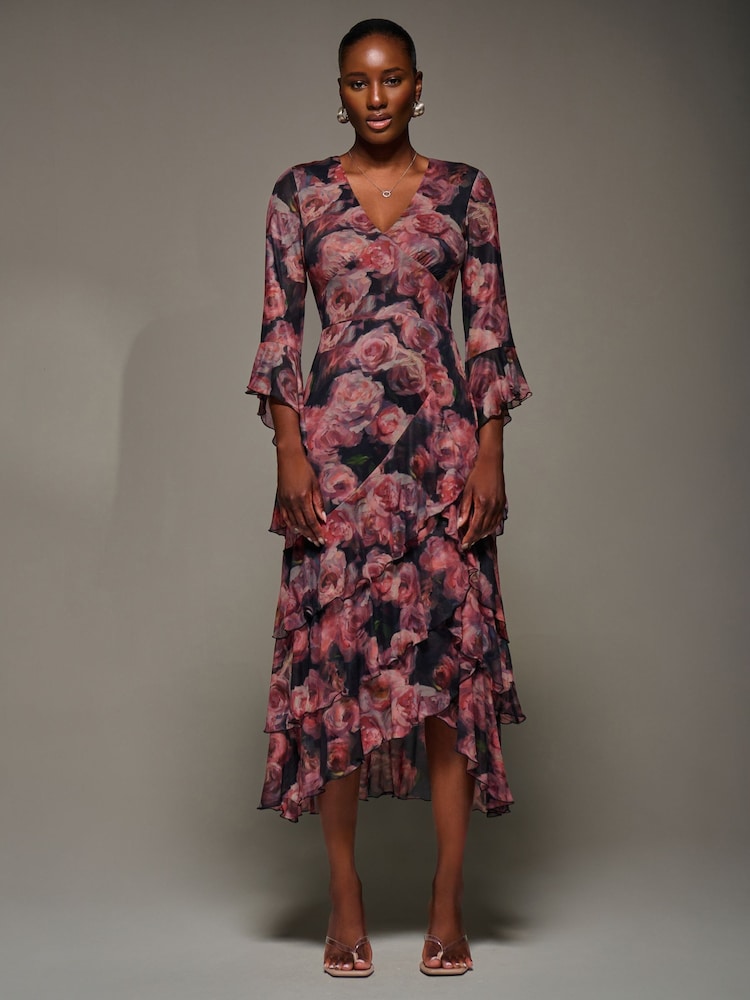 Jolie Moi Red Mesh Ruffle Sleeve Tiered Midaxi Dress - Image 1 of 6 Jolie Moi Red Mesh Ruffle Sleeve Tiered Midaxi Dress - Image 1 of 6