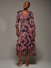 Jolie Moi Red Mesh Ruffle Sleeve Tiered Midaxi Dress - Image 4 of 6