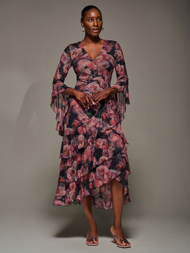 Jolie Moi Red Mesh Ruffle Sleeve Tiered Midaxi Dress - Image 6 of 6 Jolie Moi Red Mesh Ruffle Sleeve Tiered Midaxi Dress - Image 6 of 6