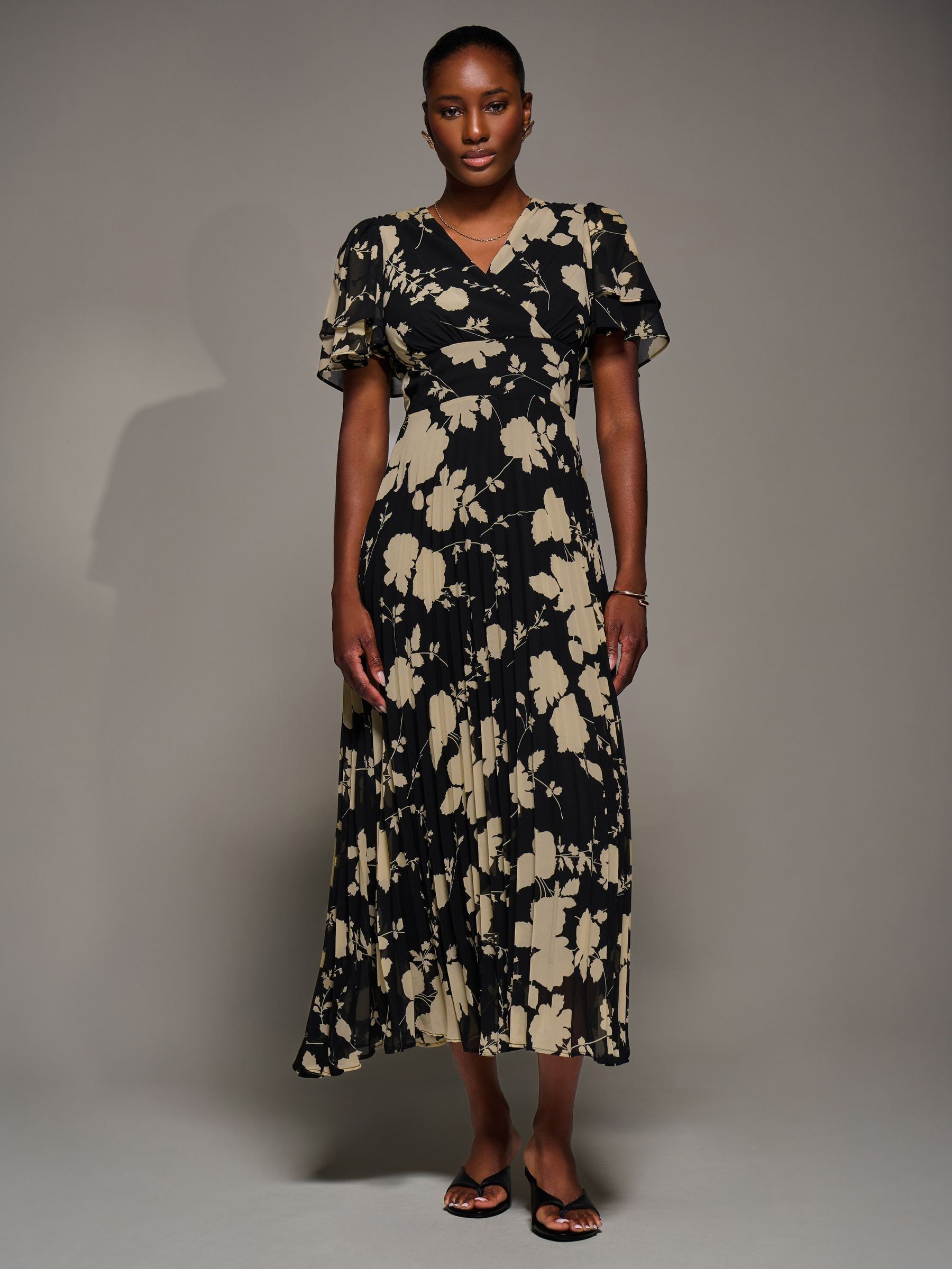 Buy Jolie Moi Black Chiffon Ruflle Sleeve Pleated Maxi Dress from