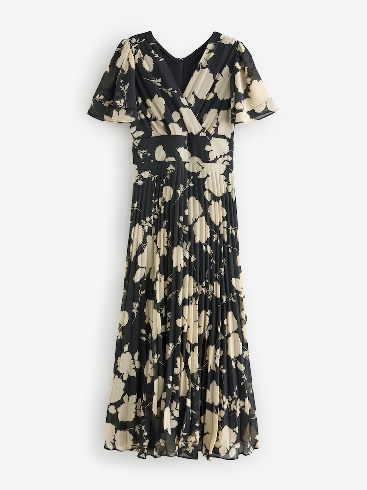 Jolie Moi Black Chiffon Ruflle Sleeve Pleated Maxi Dress - Image 7 of 7
