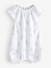 White Short Sleeve Frill Bunny Print Romper - Image 1 of 1