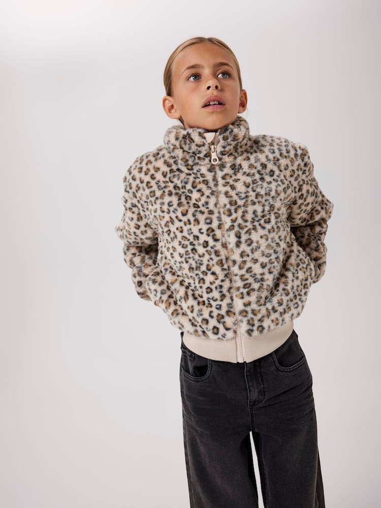 Name It Grey Faux Fur Leopard Zip Through Jacket - Image 1 of 4 Name It Grey Faux Fur Leopard Zip Through Jacket - Image 1 of 4