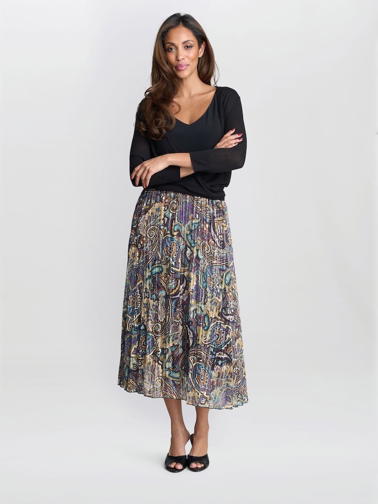 Gina Bacconi Blue Pleated Jacquard Skirt - Image 1 of 5