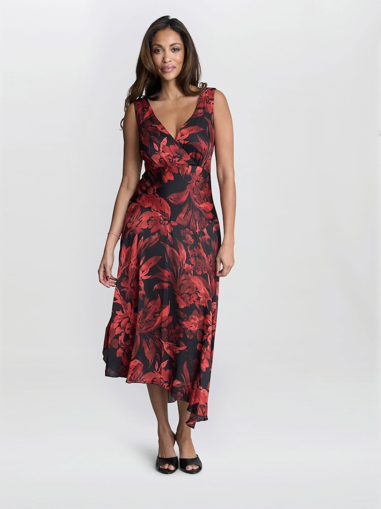 Gina Bacconi Red Aneesha Floral Midi Dress - Image 1 of 5 Gina Bacconi Red Aneesha Floral Midi Dress - Image 1 of 5
