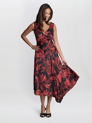 Gina Bacconi Red Aneesha Floral Midi Dress - Image 3 of 5