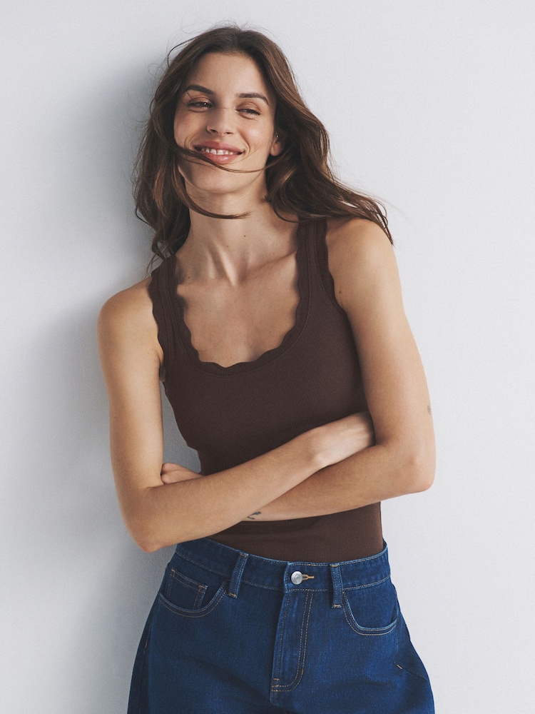 The Set 3 Pack Scallop Trim Ribbed Vest Black/Chocolate Brown/White - Image 1 of 6