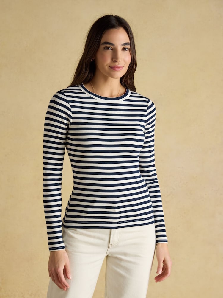 Joules Sophie Navy Stripe Long Sleeve Ribbed Fitted Top - Image 1 of 7 Joules Sophie Navy Stripe Long Sleeve Ribbed Fitted Top - Image 1 of 7