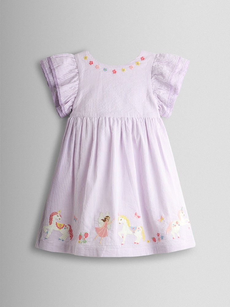 JoJo Maman Bébé Lilac Unicorn Appliqué Frill Sleeve Dress - Image 1 of 4