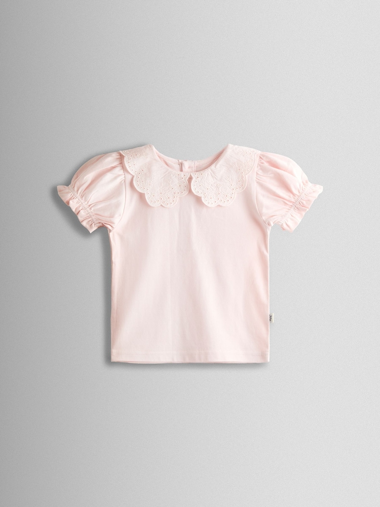 JoJo Maman Bébé Pink Broderie Collar T-shirt - Image 1 of 3 JoJo Maman Bébé Pink Broderie Collar T-shirt - Image 1 of 3