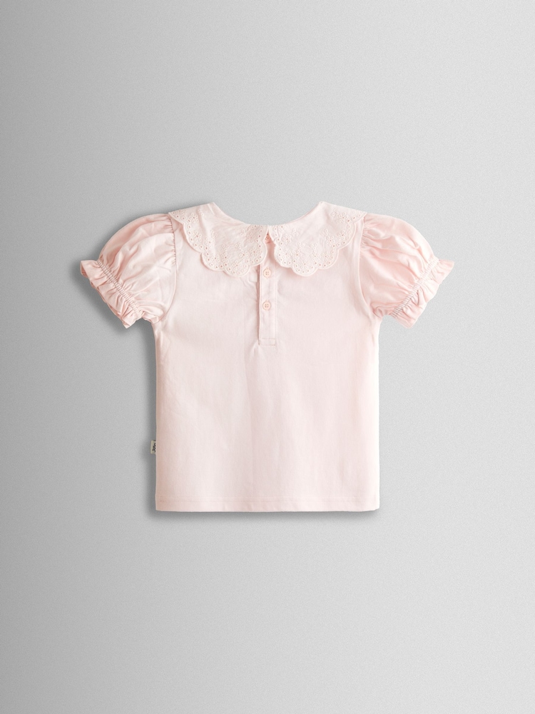 JoJo Maman Bébé Pink Broderie Collar T-shirt - Image 2 of 3 JoJo Maman Bébé Pink Broderie Collar T-shirt - Image 2 of 3