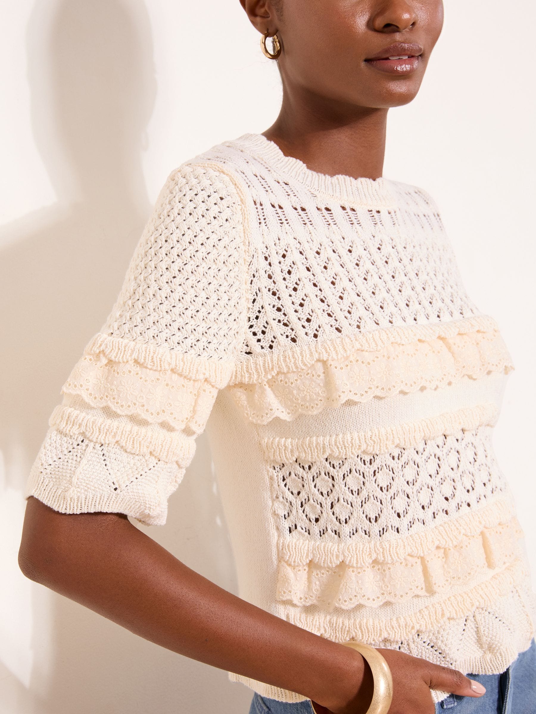 Buy Lipsy Cream Broderie Frill Crochet Knit Short Sleeve T-Shirt