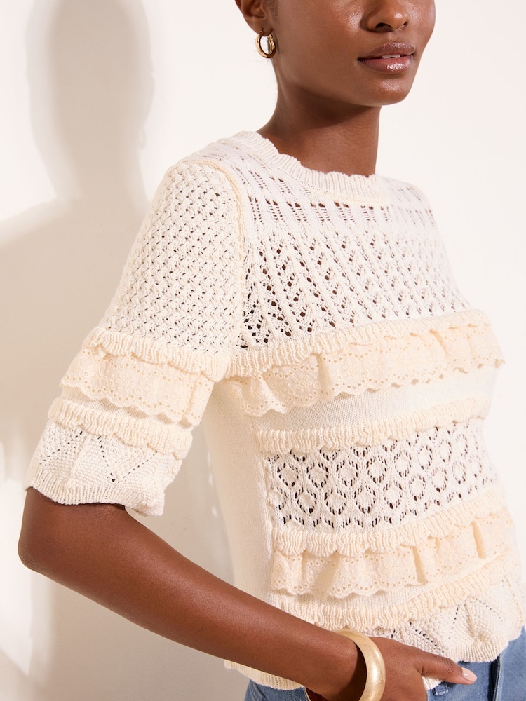Lipsy Cream Broderie Frill Crochet Knit Short Sleeve T-Shirt - Image 2 of 4