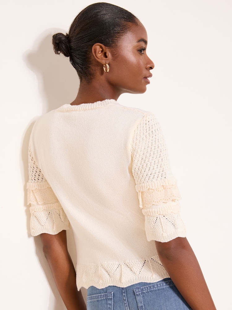 Lipsy Cream Broderie Frill Crochet Knit Short Sleeve T-Shirt - Image 4 of 4
