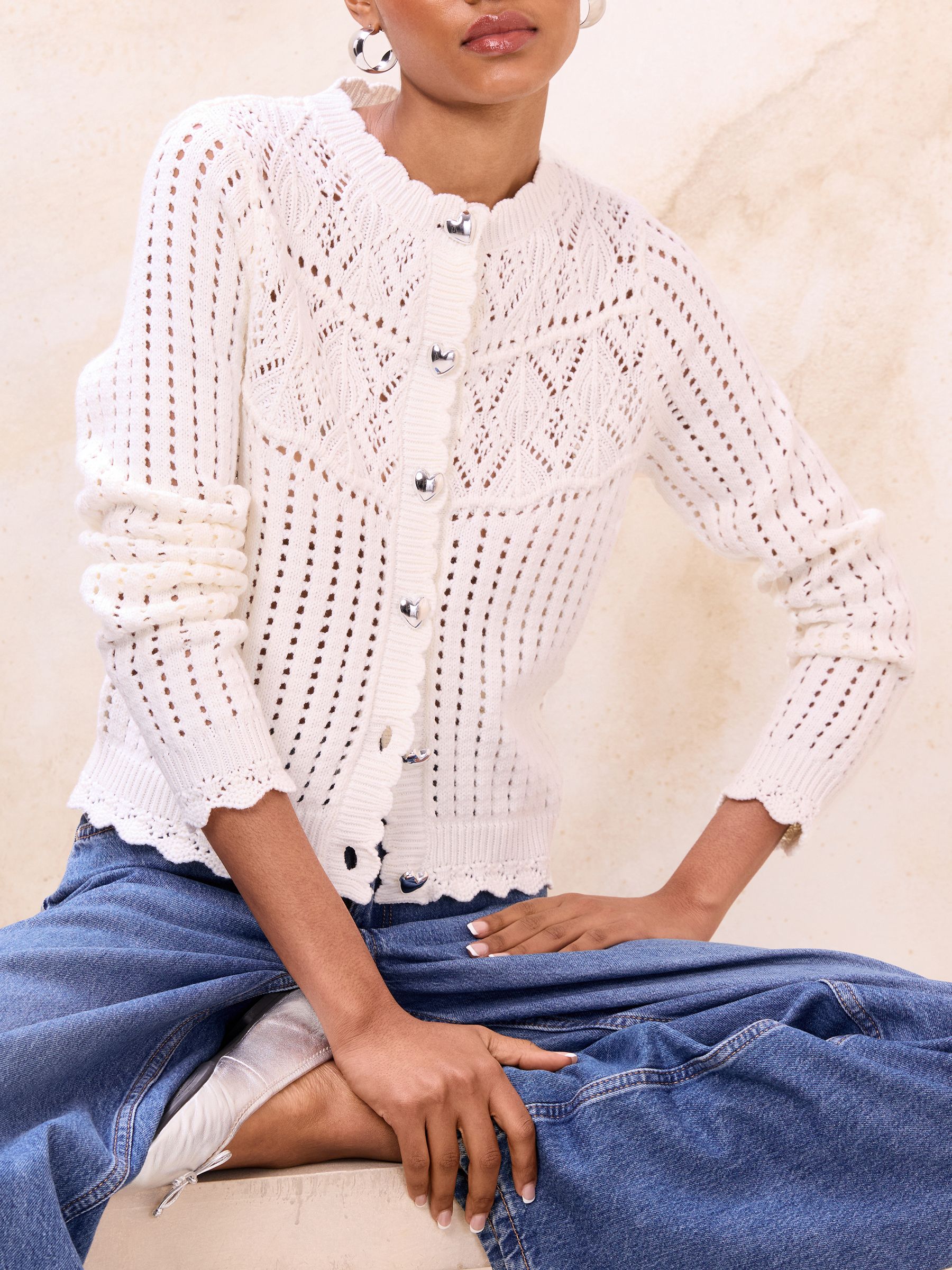 Buy Lipsy White Heart Buttoned Stitchy Scallop Knitted Cardigan
