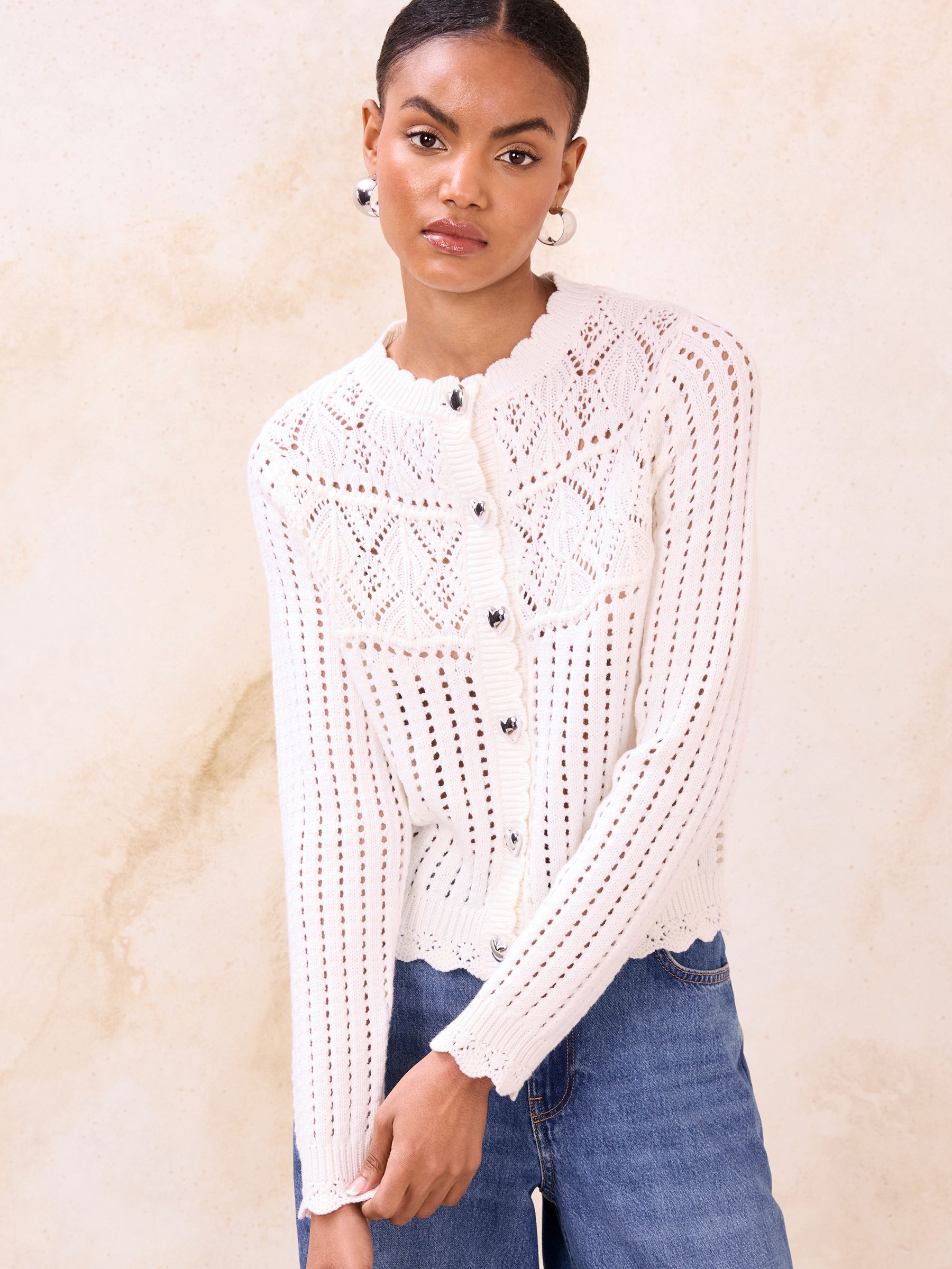 Buy Lipsy White Heart Buttoned Stitchy Scallop Knitted Cardigan