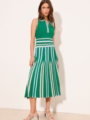 Lipsy Green Collared Halter Buttoned Pleat Stripe Knit Midi Dress - Image 3 of 4