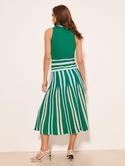 Lipsy Green Collared Halter Buttoned Pleat Stripe Knit Midi Dress - Image 4 of 4