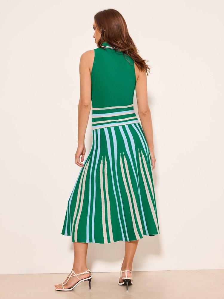 Lipsy Green Collared Halter Buttoned Pleat Stripe Knit Midi Dress - Image 4 of 4