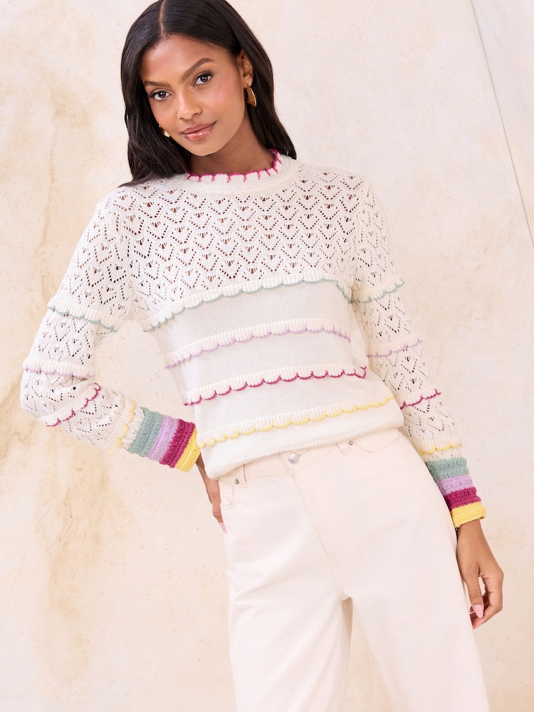 Lipsy Cream Rainbow Scallop Pointelle Stitch Long Sleeve Crew Neck Knit Jumper - Image 1 of 4