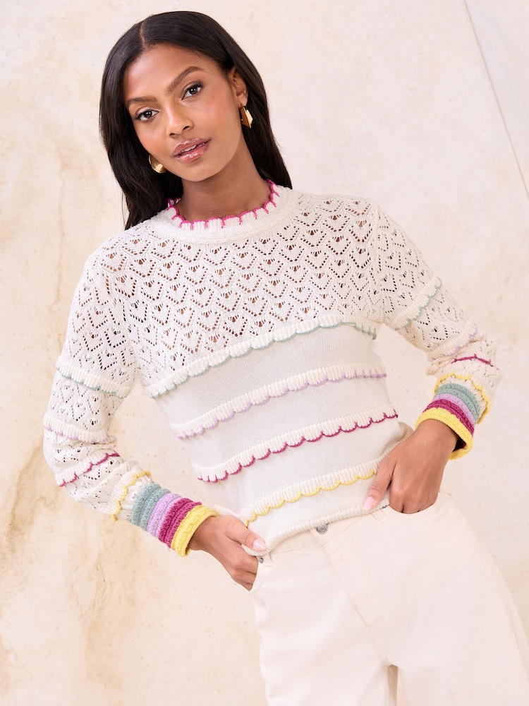 Lipsy Cream Rainbow Scallop Pointelle Stitch Long Sleeve Crew Neck Knit Jumper - Image 2 of 4