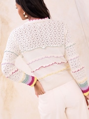 Lipsy Cream Rainbow Scallop Pointelle Stitch Long Sleeve Crew Neck Knit Jumper - Image 3 of 4