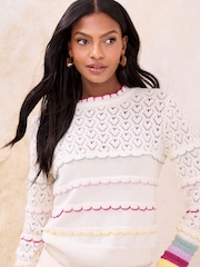 Lipsy Cream Rainbow Scallop Pointelle Stitch Long Sleeve Crew Neck Knit Jumper - Image 4 of 4