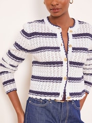 Lipsy White/Blue Navy Stripe Stitchy Pointelle Buttoned Long Sleeve Crew Neck Knitted Cardigan - Image 1 of 4