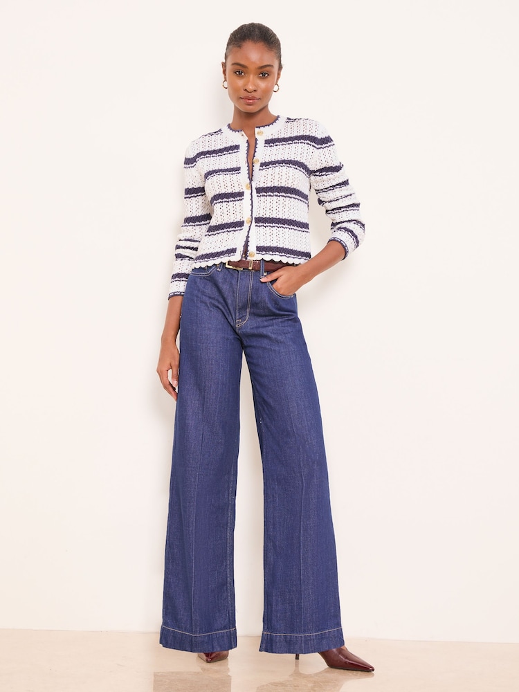 Lipsy White/Blue Navy Stripe Stitchy Pointelle Buttoned Long Sleeve Crew Neck Knitted Cardigan - Image 2 of 4