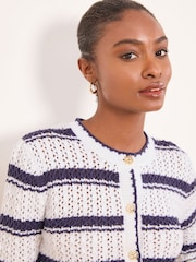 Lipsy White/Blue Navy Stripe Stitchy Pointelle Buttoned Long Sleeve Crew Neck Knitted Cardigan - Image 3 of 4