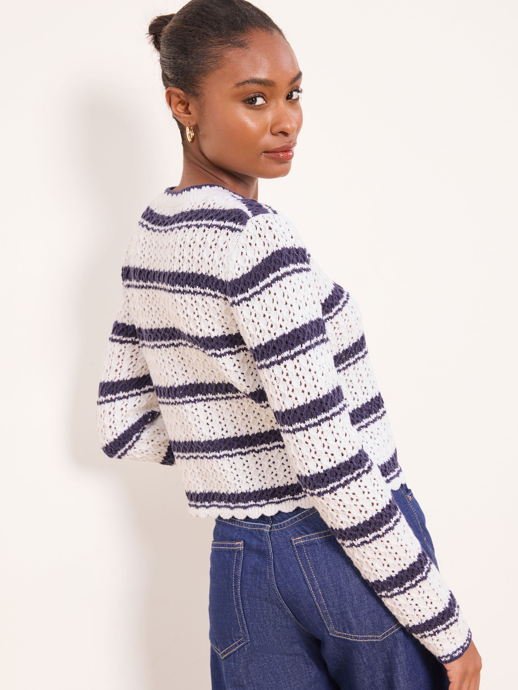 Buy Lipsy White/Blue Navy Stripe Stitchy Pointelle Buttoned Long
