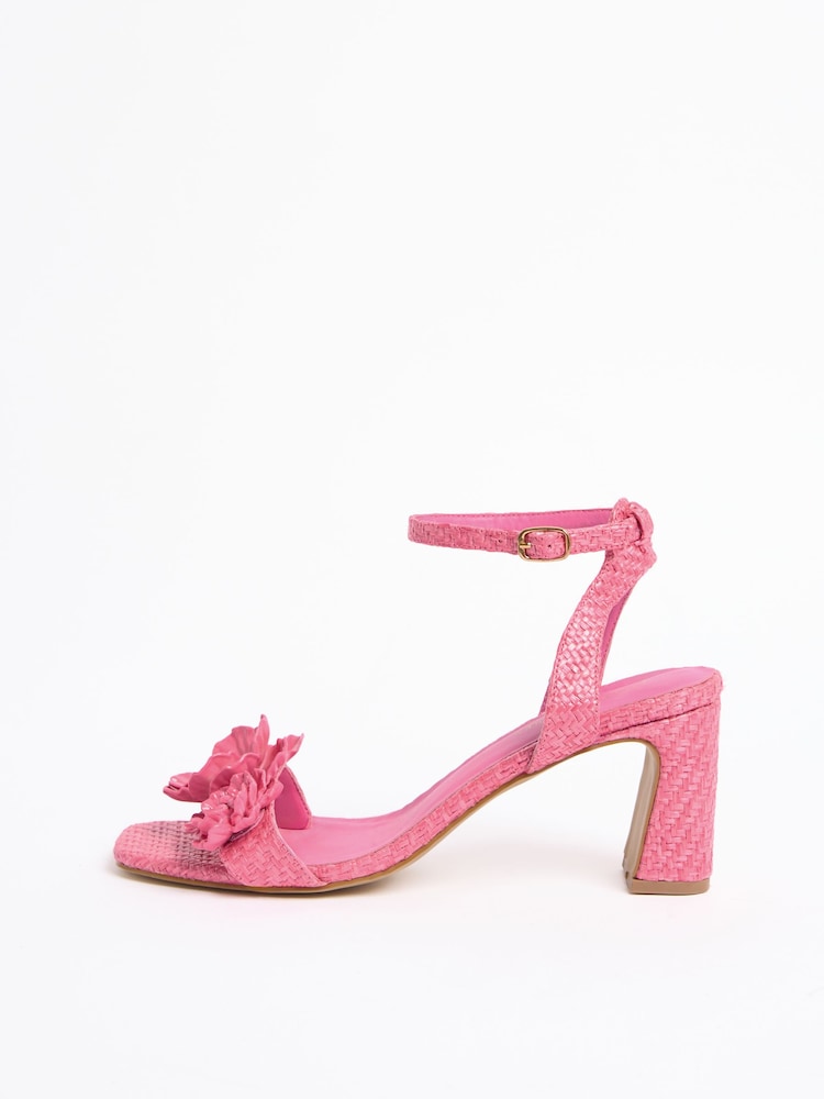Love & Roses Pink Raffia Floral Corsage Mid Block Heel Occasion Sandals - Image 5 of 5